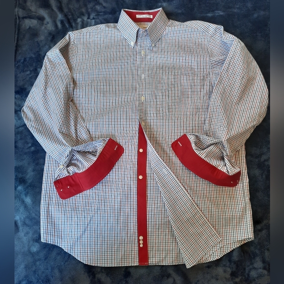 Paul Fredrick White/Blue/Red Check Button Down Long Sleeve Shirt Size 16.5- 35 - Picture 2 of 8